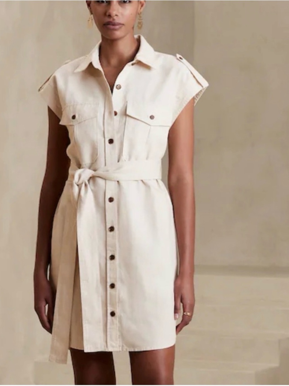 Banana Republic Cream Button-Front Belted Shirt Dress